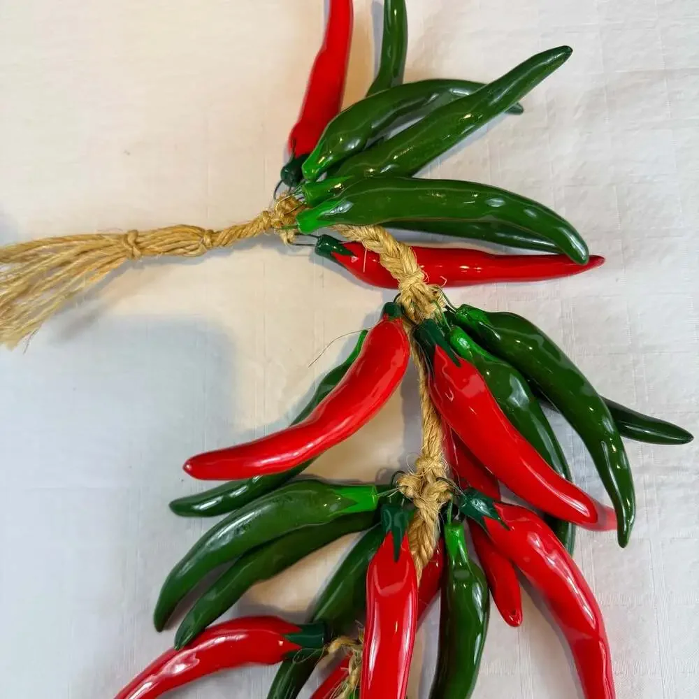 red & green ceramic chili pepper wall hanging glossy glazed on jute rope